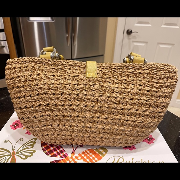 BRIGHTON YELLOW LEATHER BUTTERFLY ON THICK JUTE SHOULDER BAG PURSE - Picture 7 of 16